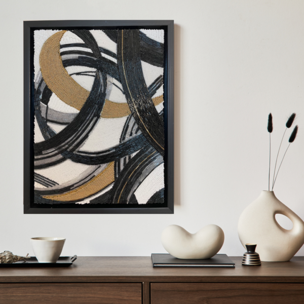 Layers - Abstract Art - Curves in black, white and gold - Maria Laura Art