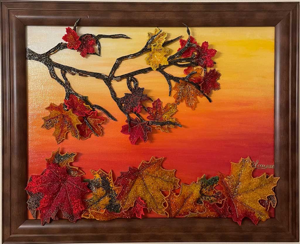 Autumn Memories - Branch with autumnal leaves made out of beads - Maria Laura Art