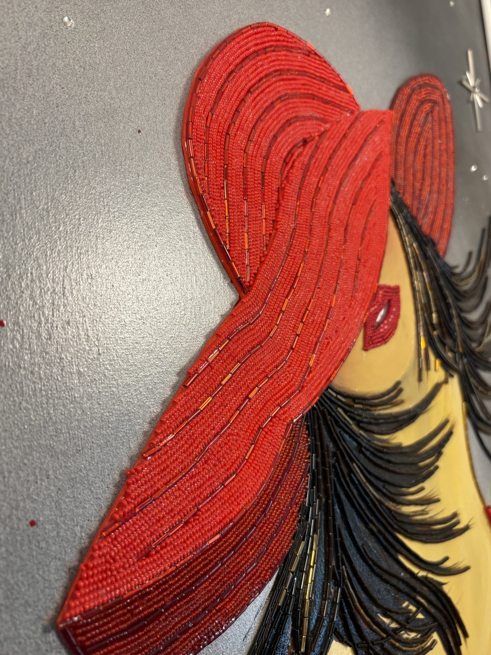 CAPTURED BY HER -contemporary bead mosaic featuring a woman beneath a moon