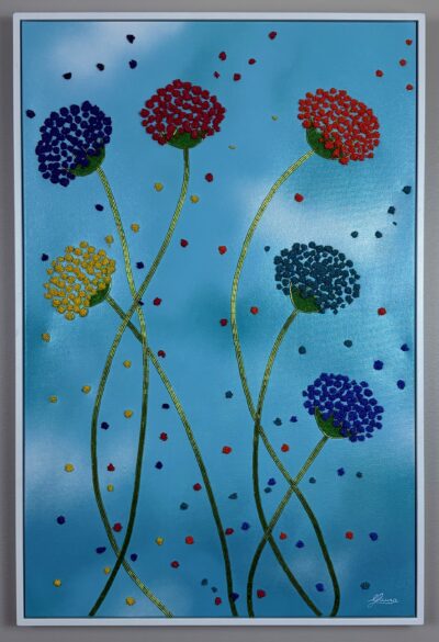 Colorful floral bead mosaic with tall stems and vibrant clustered blooms on a blue painted background