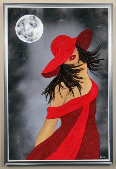 CAPTURED BY HER -contemporary bead mosaic featuring a woman beneath a moon