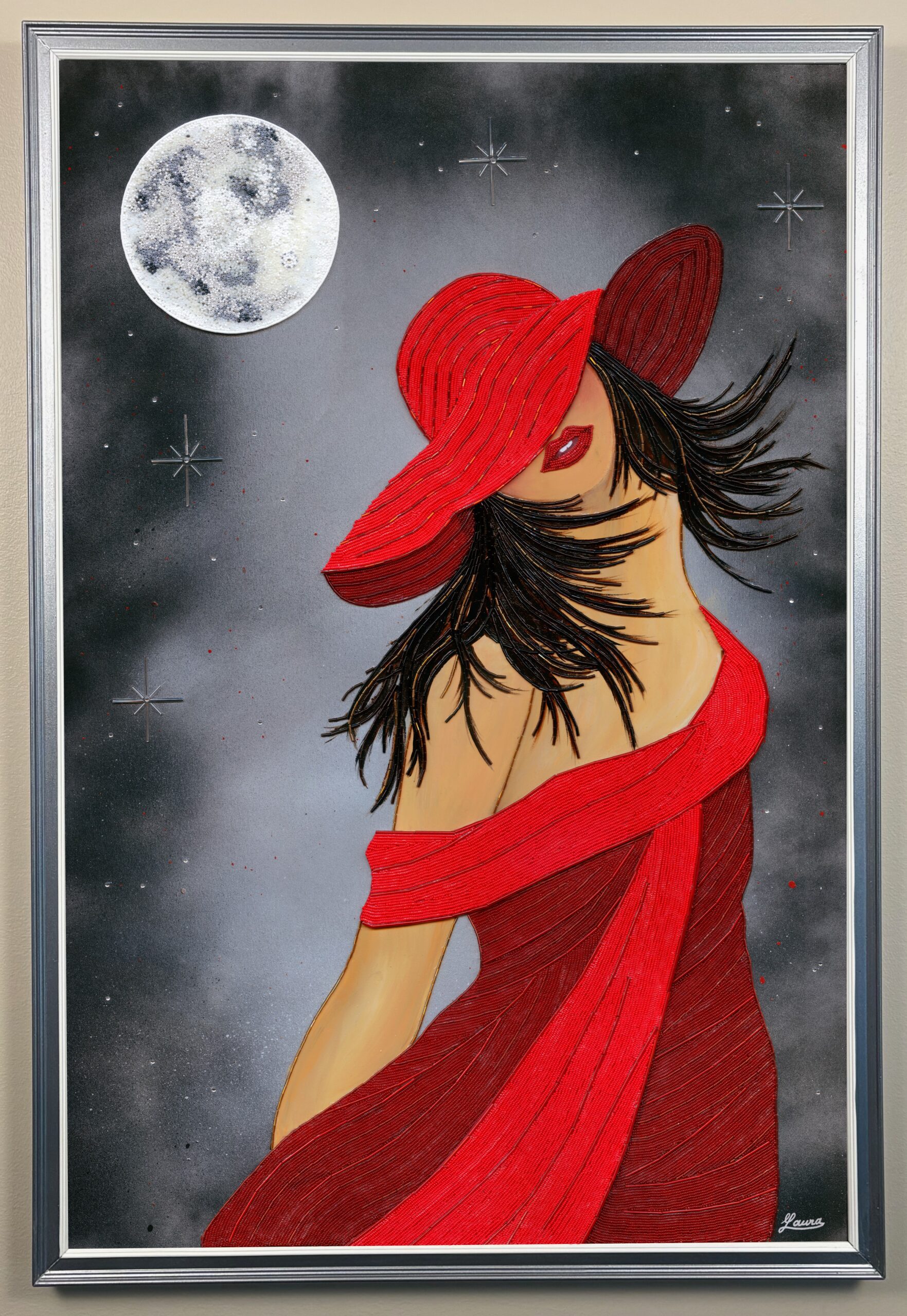 Captured by Her, contemporary bead mosaic featuring a woman beneath a moon