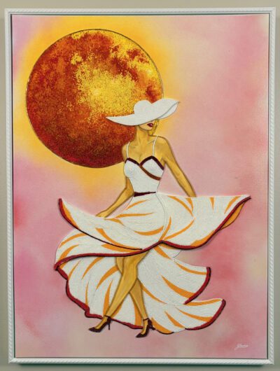 Golden Hour, contemporary bead mosaic by María Laura Art featuring a woman in a flowing white dress against a luminous sun