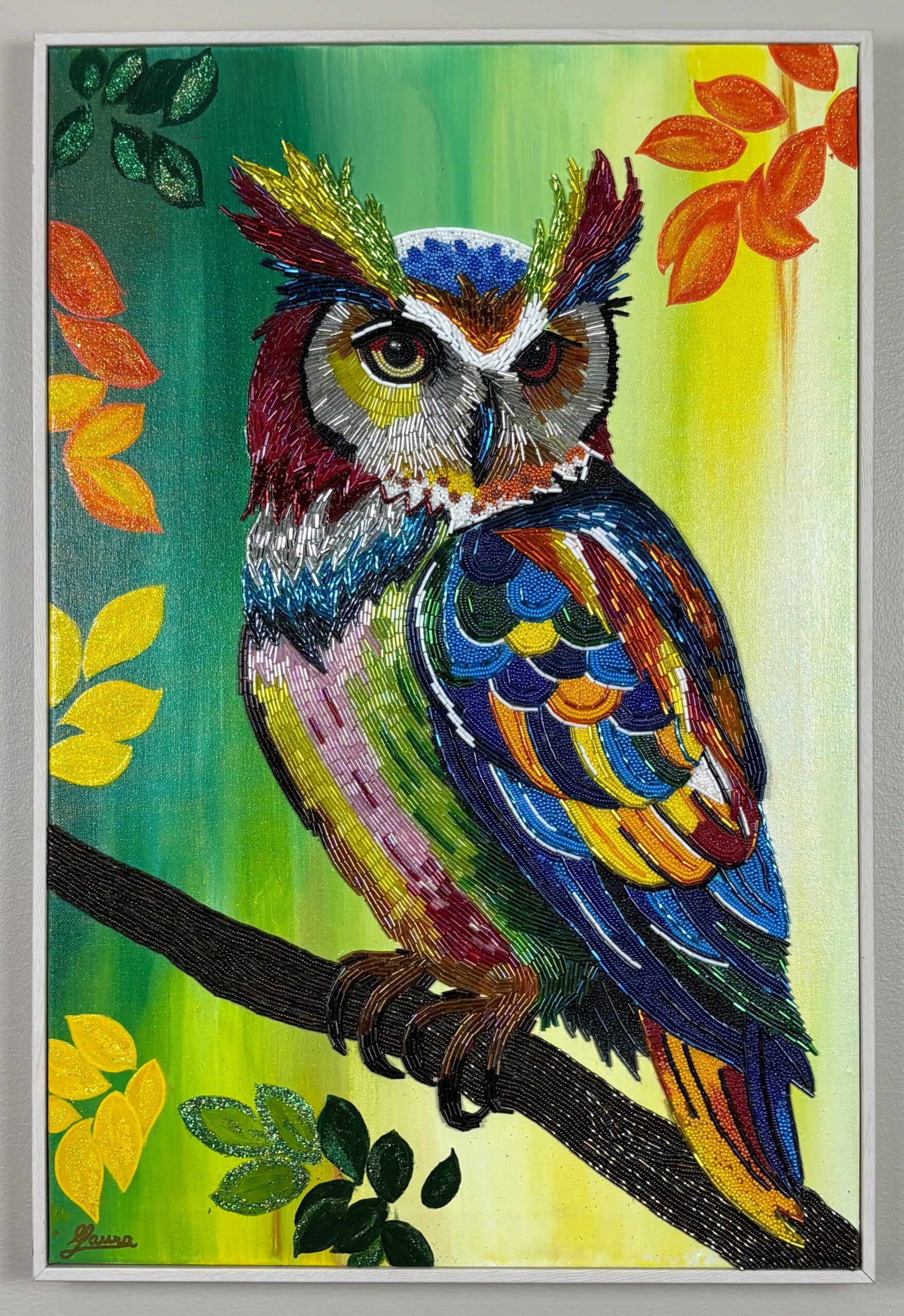 Silent Watcher — contemporary bead mosaic owl by Maria Laura Art