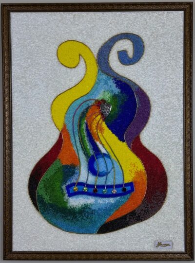Colorful guitar-shaped bead mosaic on a luminous white background with curved abstract forms and an ornate bronze frame